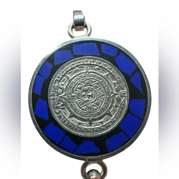.925 Sterling Silver Taxco Bracelet – Aztec Calendar & Blue Lapis Inlay - Picture 3 of 8